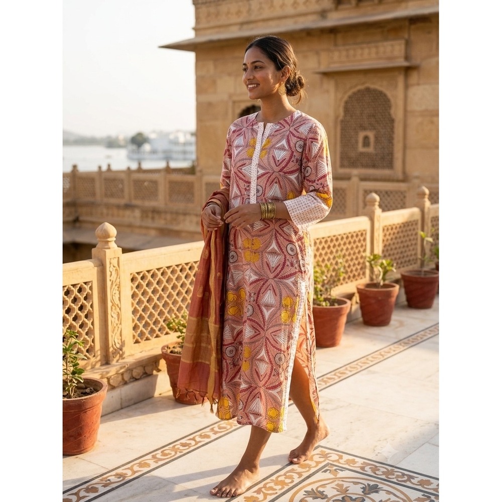 Roller Rabbit Pink Cotton Block Print Kurta Tunic Midi Dress Womens Small